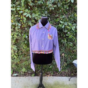 Upcycled cropped men's dress shirt - Purple Cat Tassel trim
